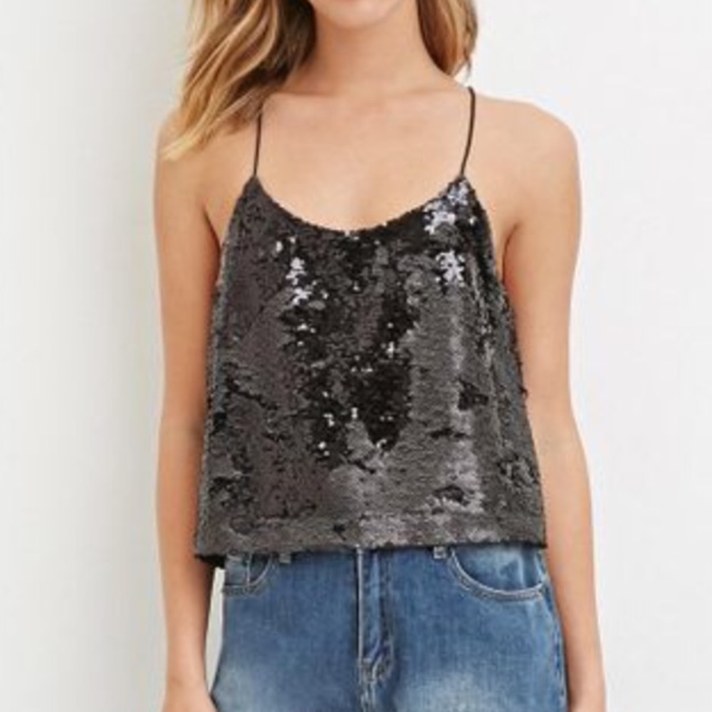 ✨HP✨ Y2K Women's Black Sequined Boxy Cami Crop Top